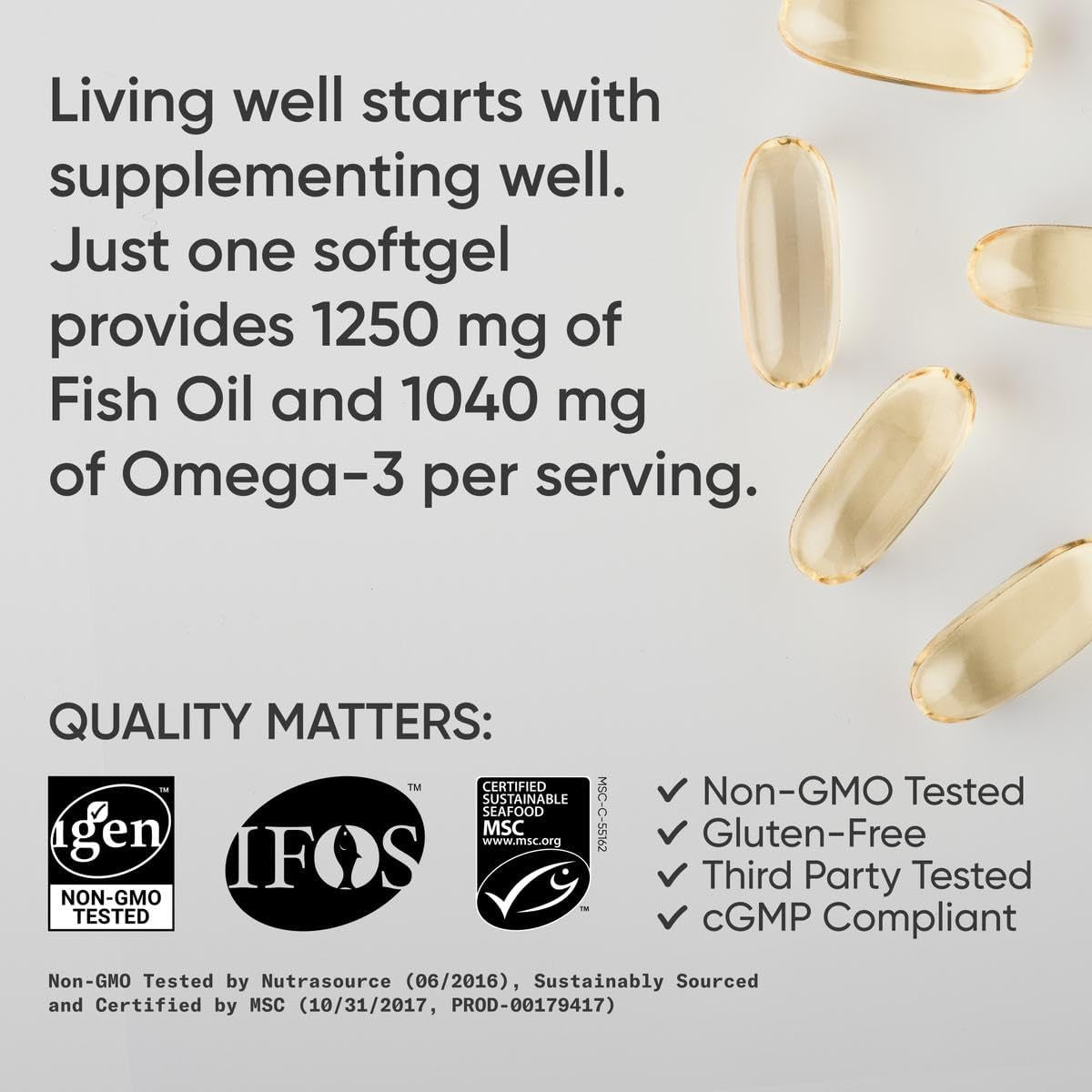 Triple Strength Omega 3 Fish Oil 1250Mg from Wild Alaska Pollock - Burpless Fish Oil Supplement with Omega3S EPA & DHA - Sustainably Sourced, Non-Gmo, Gluten Free - 30 Softgels