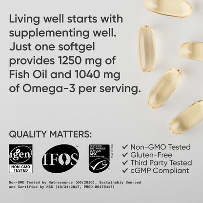 Triple Strength Omega 3 Fish Oil 1250Mg from Wild Alaska Pollock - Burpless Fish Oil Supplement with Omega3S EPA & DHA - Sustainably Sourced, Non-Gmo, Gluten Free - 30 Softgels