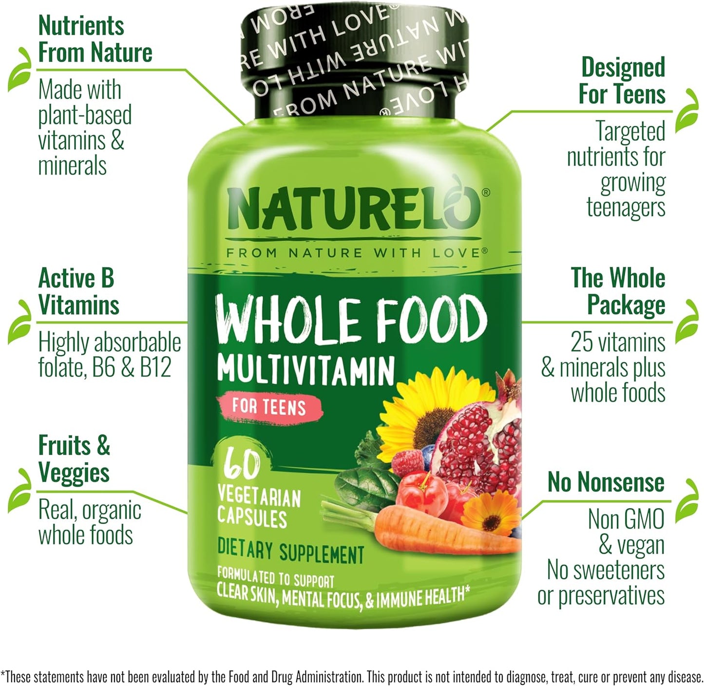 Whole Food Multivitamin for Teens - Vitamins and Minerals for Teenage Boys and Girls - Supplement for Active Kids - with Organic Whole Foods - Non-Gmo - Vegan & Vegetarian - 60 Capsules