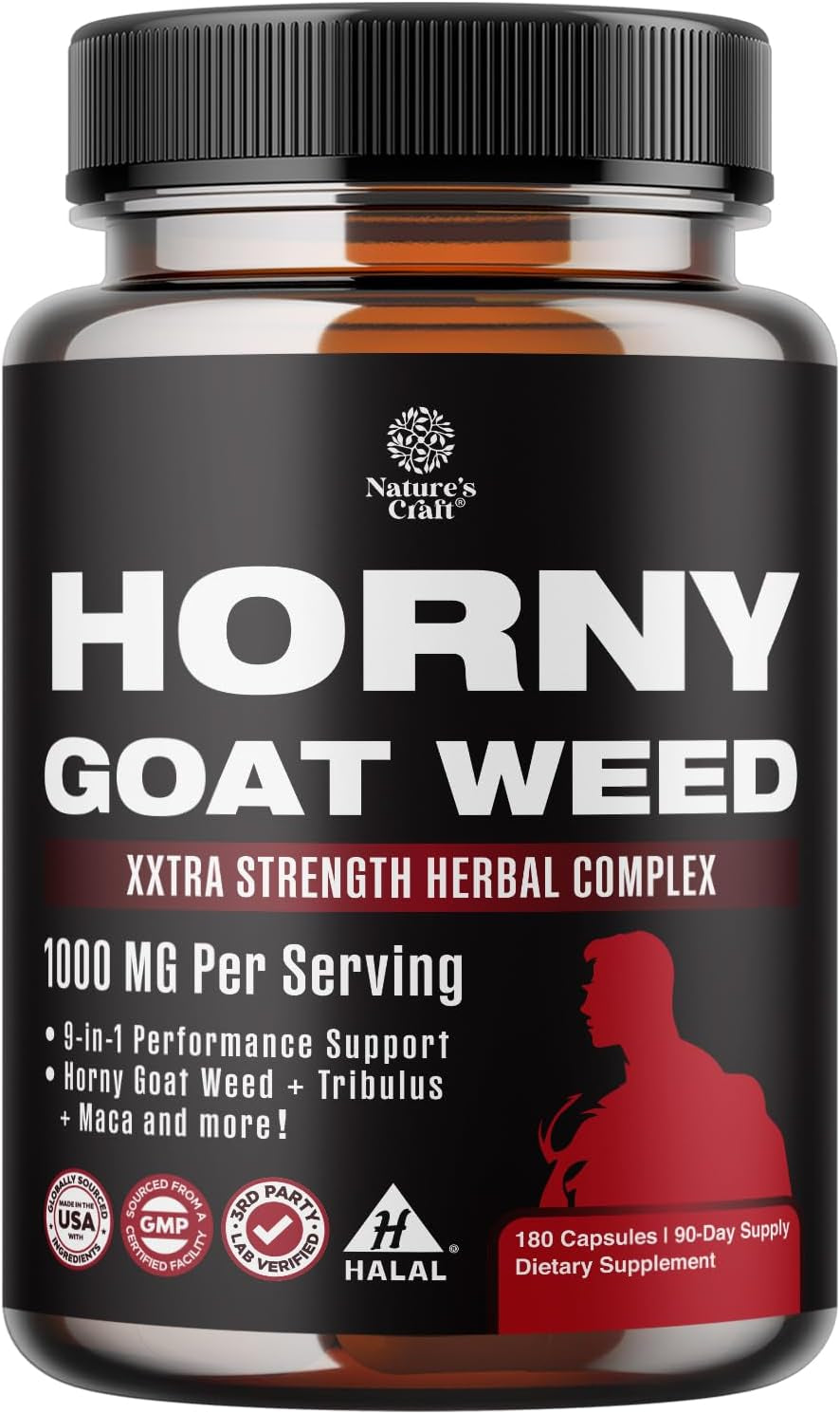 Horny Goat Weed for Male Enhancement - Extra Strength Horny Goat Weed for Men 1590Mg Complex with Tongkat Ali Saw Palmetto Extract Panax Ginseng and Black Maca Root for Stamina & Energy - 90 Servings