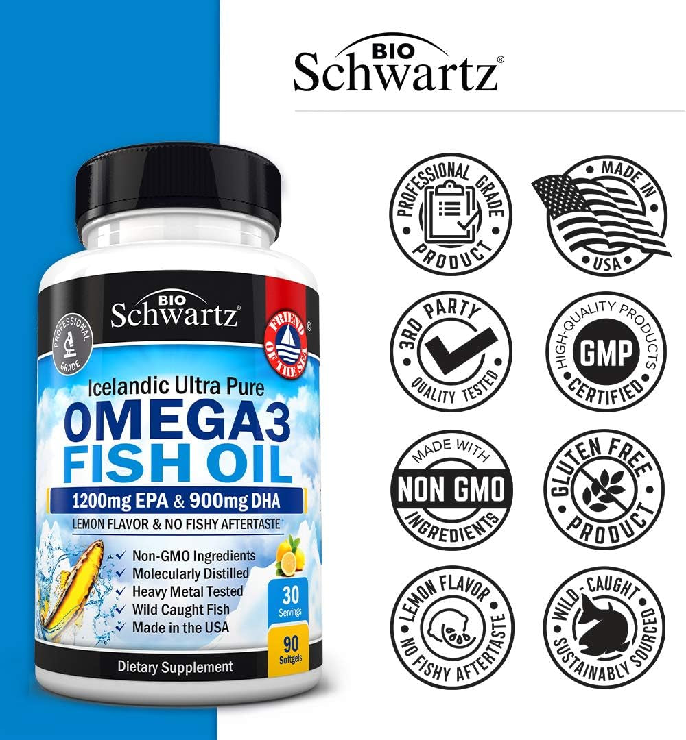 Triple Strength Omega 3 Fish Oil Supplement - 2250Mg EPA DHA Omega 3 Fatty Acids from Wild Caught Fish, Supports Joint, Eyes, Brain Health - Burpless Lemon Flavor, Gluten Free, 90 Omega3 Softgels