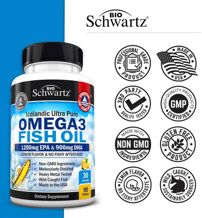 Triple Strength Omega 3 Fish Oil Supplement - 2250Mg EPA DHA Omega 3 Fatty Acids from Wild Caught Fish, Supports Joint, Eyes, Brain Health - Burpless Lemon Flavor, Gluten Free, 90 Omega3 Softgels