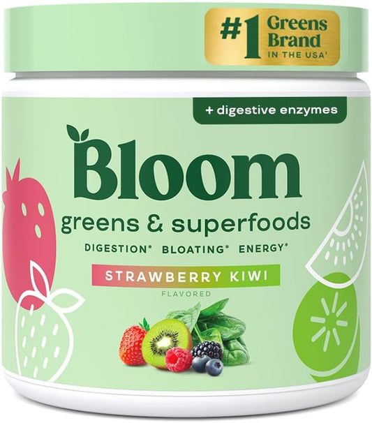 Greens and Superfoods Powder for Digestive Health, Greens Powder, Digestive Enzymes, Probiotics, Spirulina, Chlorella for Bloating & Gut Support, Green Juice, 30 SVG, Strawberry Kiwi