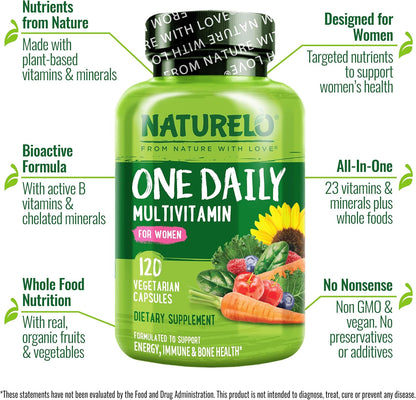 One Daily Multivitamin for Women - Energy Support - Whole Food Supplement to Nourish Hair, Skin, Nails - Non-Gmo - No Soy - Gluten Free - 120 Capsules - 4 Month Supply