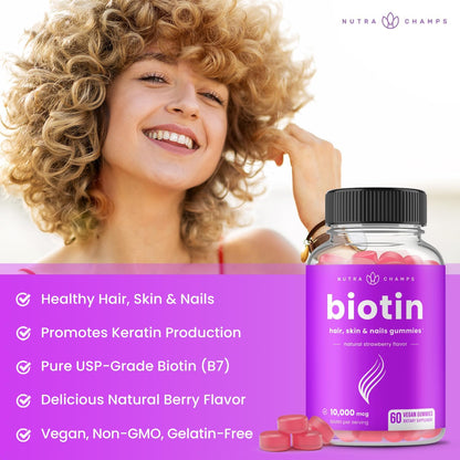 Biotin Gummies 10000Mcg [High Potency] for Healthy Hair, Skin & Nails Vitamins for Women, Men & Kids - 5000Mcg in Each Hair Vitamins Gummy - Vegan, Non-Gmo, Hair Health Supplement