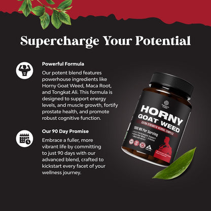 Horny Goat Weed for Male Enhancement - Extra Strength Horny Goat Weed for Men 1590Mg Complex with Tongkat Ali Saw Palmetto Extract Panax Ginseng and Black Maca Root for Stamina & Energy - 90 Servings