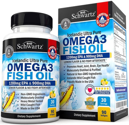 Triple Strength Omega 3 Fish Oil Supplement - 2250Mg EPA DHA Omega 3 Fatty Acids from Wild Caught Fish, Supports Joint, Eyes, Brain Health - Burpless Lemon Flavor, Gluten Free, 90 Omega3 Softgels