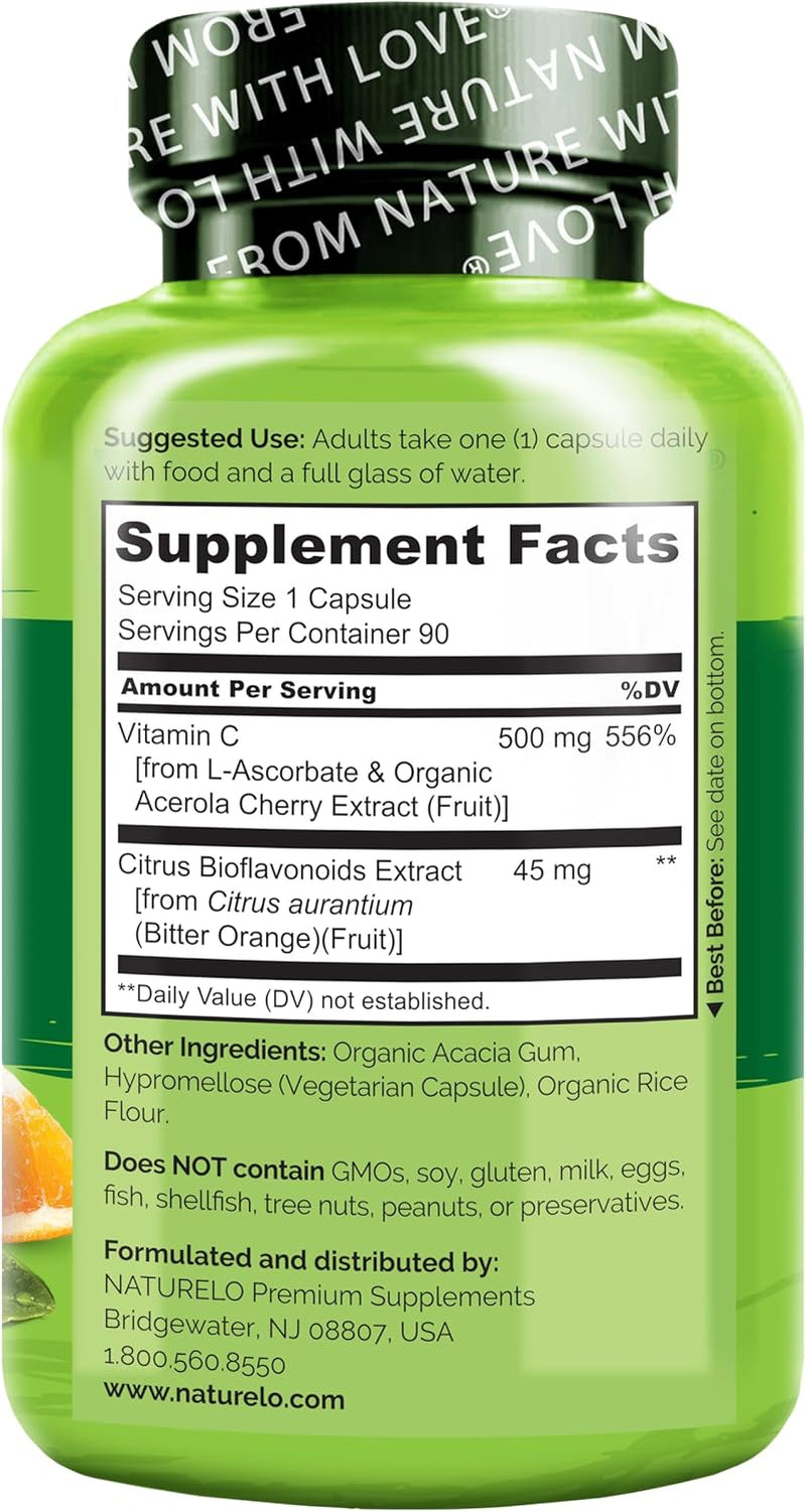 Vitamin C with Organic Acerola Cherry Extract and Citrus Bioflavonoids - Vegan Supplement - Immune Support - 500 Mg VIT C per Cap - Non-Gmo - 90 Capsules