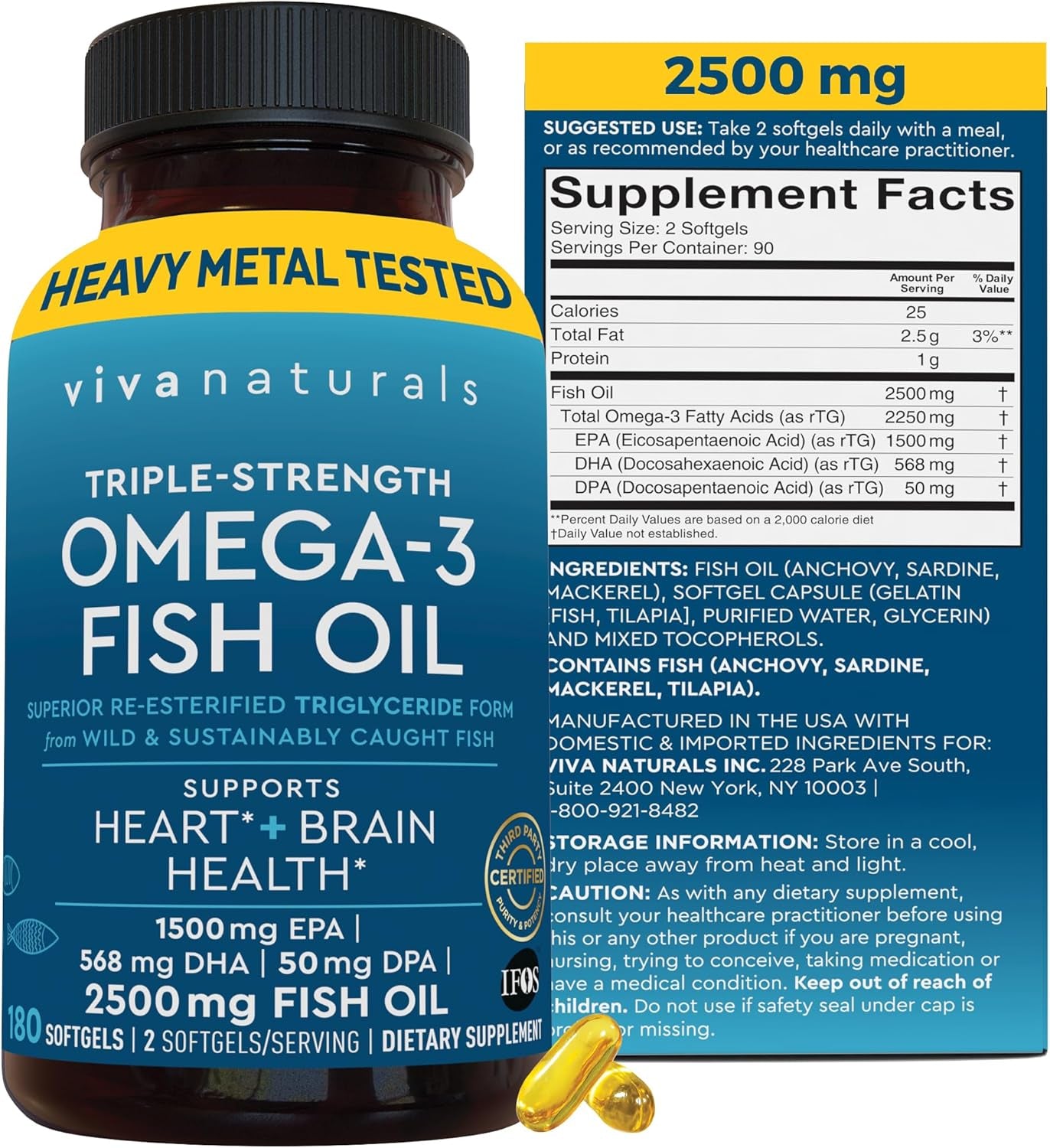 Omega 3 Fish Oil Supplement - 2500 Mg Triple Strength Fish Oil Pills with Re-Esterified Omega 3 Fatty Acids Including EPA, DHA DPA - 180 Pescatarian-Friendly Softgels