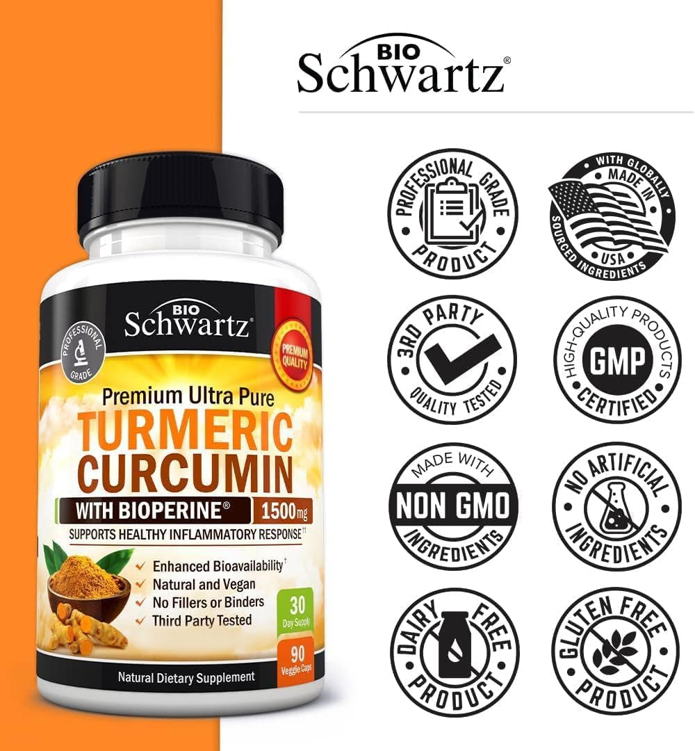 Turmeric Curcumin with Black Pepper Extract 1500Mg - High Absorption Ultra Potent Turmeric Supplement with 95% Curcuminoids and Bioperine - Non GMO Turmeric Capsules for Joint Support - 90 Capsules