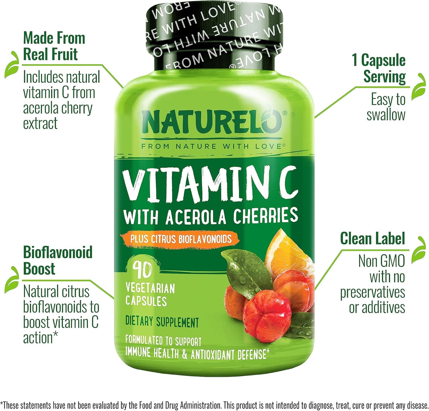 Vitamin C with Organic Acerola Cherry Extract and Citrus Bioflavonoids - Vegan Supplement - Immune Support - 500 Mg VIT C per Cap - Non-Gmo - 90 Capsules