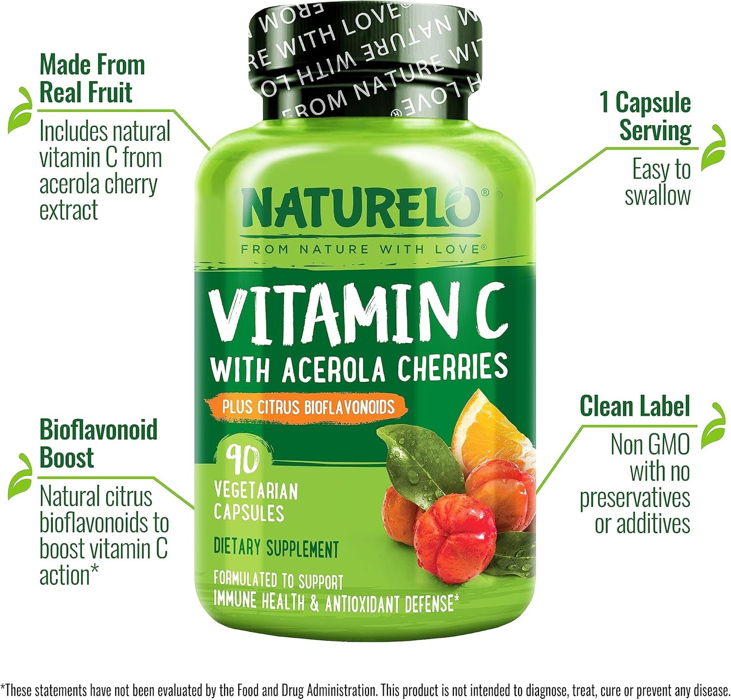 Vitamin C with Organic Acerola Cherry Extract and Citrus Bioflavonoids - Vegan Supplement - Immune Support - 500 Mg VIT C per Cap - Non-Gmo - 90 Capsules