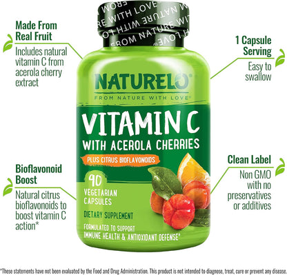 Vitamin C with Organic Acerola Cherry Extract and Citrus Bioflavonoids - Vegan Supplement - Immune Support - 500 Mg VIT C per Cap - Non-Gmo - 90 Capsules