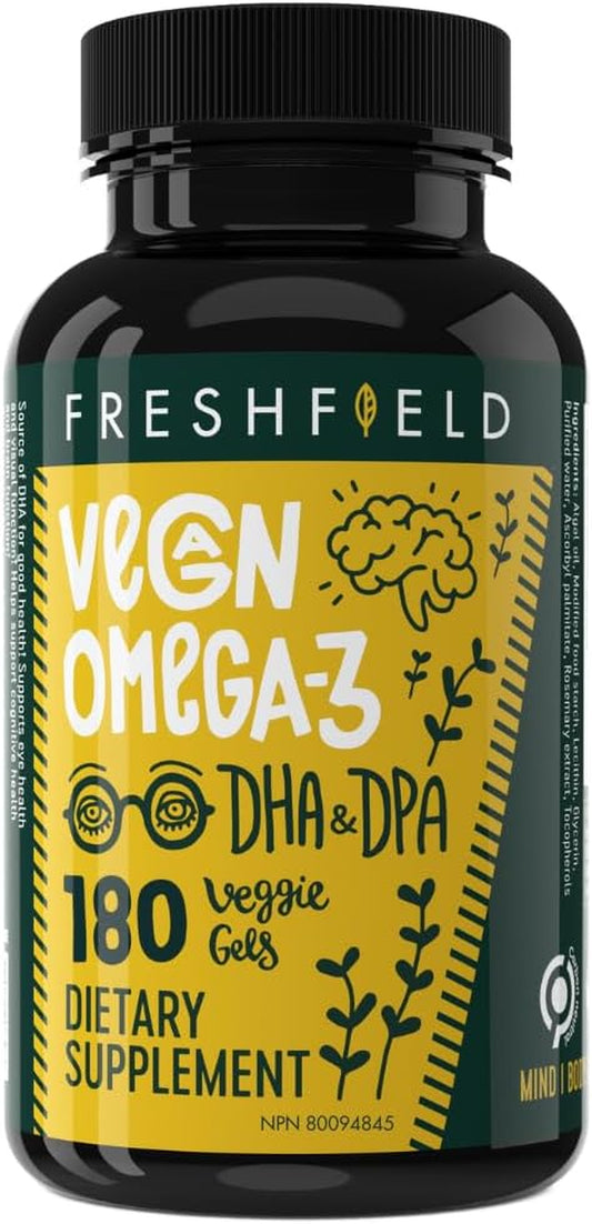 Freshfield Vegan Omega 3 DHA: Sustainably Sourced, Tested, GMP, Premium, Carrageenan Free, Compostable Bottle, Fish Oil Replacement, Carbon Neutral. Supports Heart, Brain, Joint Health W/Dpa