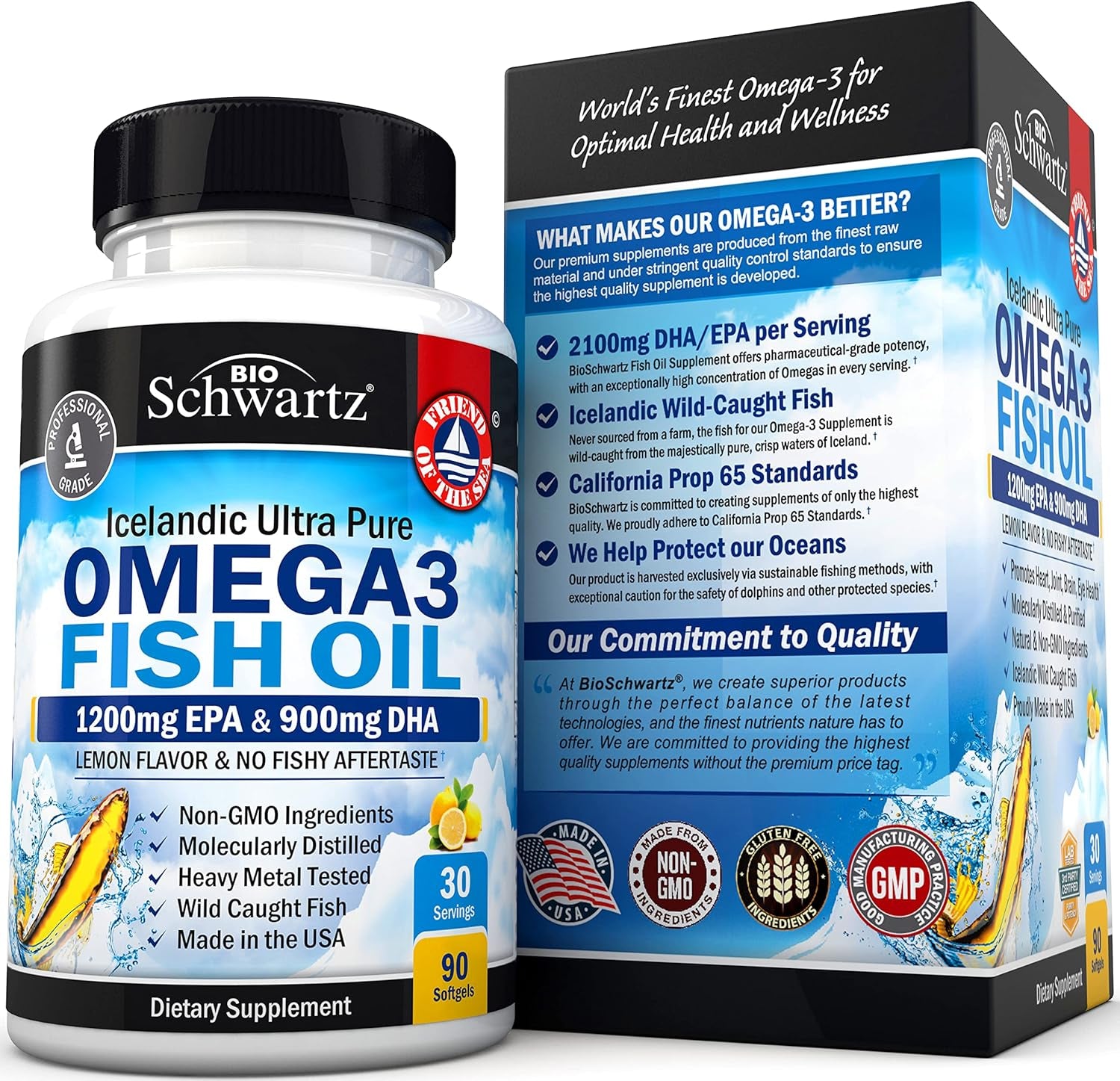 Triple Strength Omega 3 Fish Oil Supplement - 2250Mg EPA DHA Omega 3 Fatty Acids from Wild Caught Fish, Supports Joint, Eyes, Brain Health - Burpless Lemon Flavor, Gluten Free, 90 Omega3 Softgels