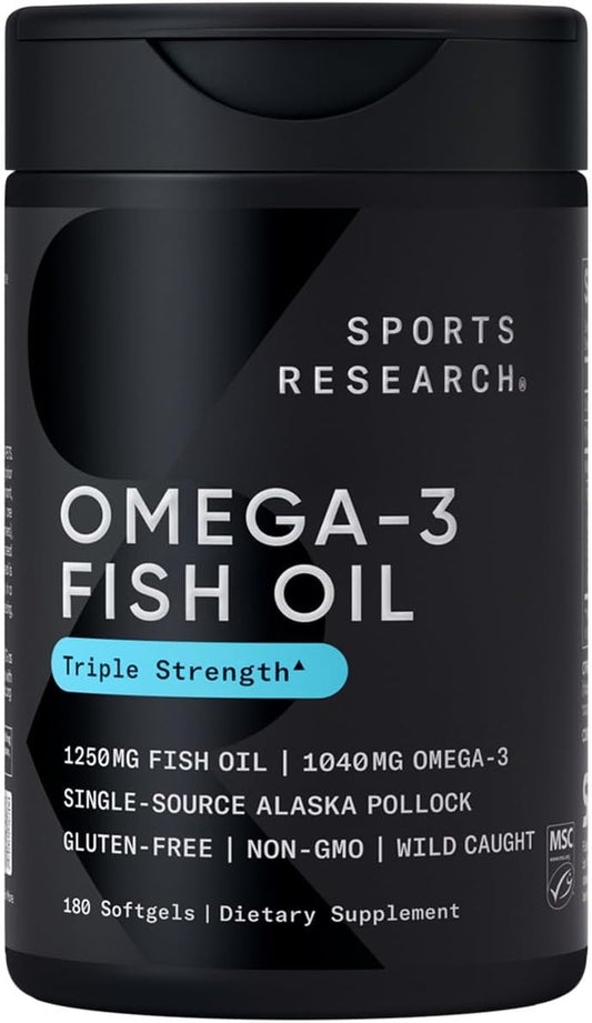 Triple Strength Omega 3 Fish Oil - Burpless Fish Oil Supplement W/Epa & DHA Fatty Acids from Single-Source Wild Alaska Pollock - 1250 Mg, 180 Ct