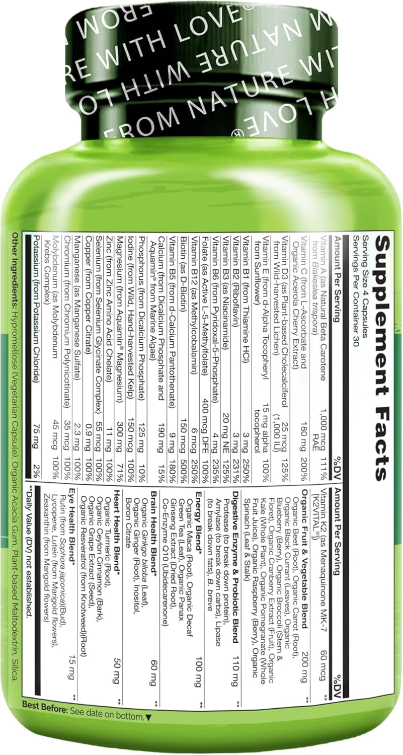 Mens Multivitamins - Whole Food Multivitamin for Men with Vitamins, Minerals - 120 Vegetarian Capsules for Energy, Brain, Heart, Eye Health*