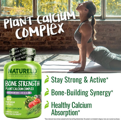 Calcium Supplement - Bone Strength with Calcium 600Mg, Vitamin D3, K2, C, Magnesium Zinc - Plant-Based, 120 Vegetarian Capsules, Non-Gmo, Soy & Gluten-Free