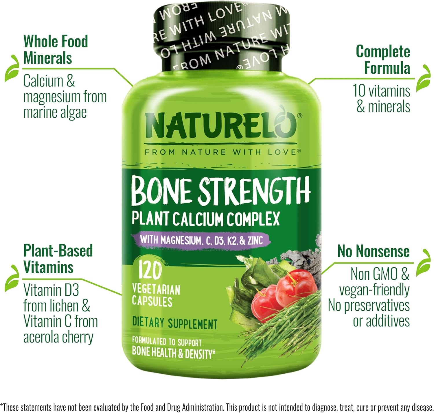 Calcium Supplement - Bone Strength with Calcium 600Mg, Vitamin D3, K2, C, Magnesium Zinc - Plant-Based, 120 Vegetarian Capsules, Non-Gmo, Soy & Gluten-Free