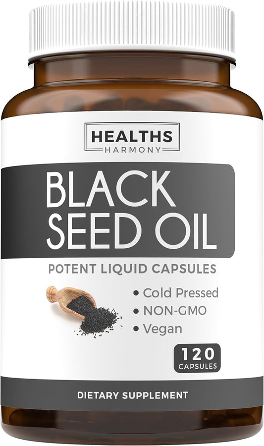 Black Seed Oil - 120 Softgel Capsules Skin Health (Non-Gmo & Vegan) Cold-Pressed Nigella Sativa Producing Pure Black Cumin Seed Oil with Vitamin E - 500Mg Each, 1000Mg per 2 Capsule Serving