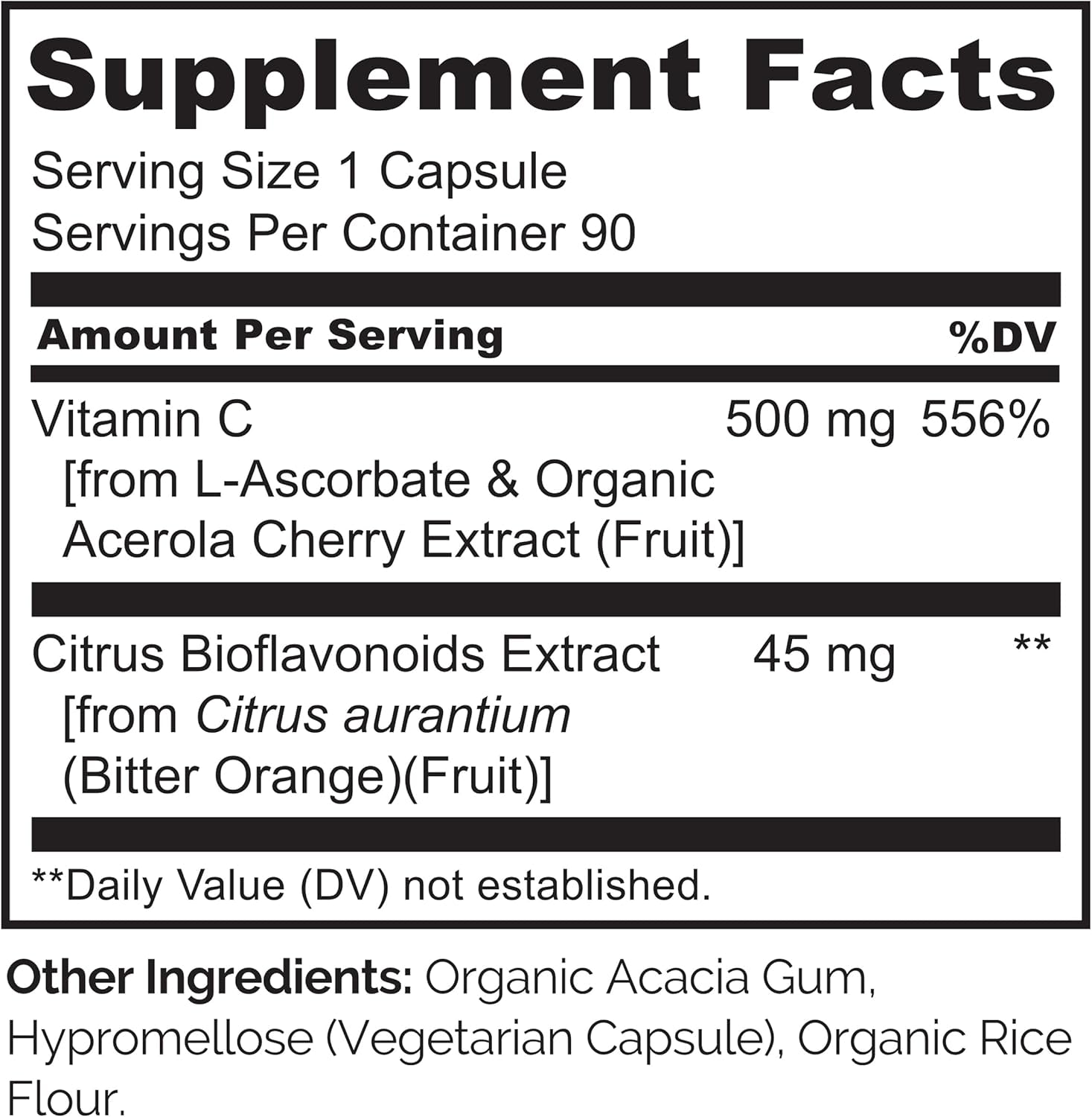 Vitamin C with Organic Acerola Cherry Extract and Citrus Bioflavonoids - Vegan Supplement - Immune Support - 500 Mg VIT C per Cap - Non-Gmo - 90 Capsules