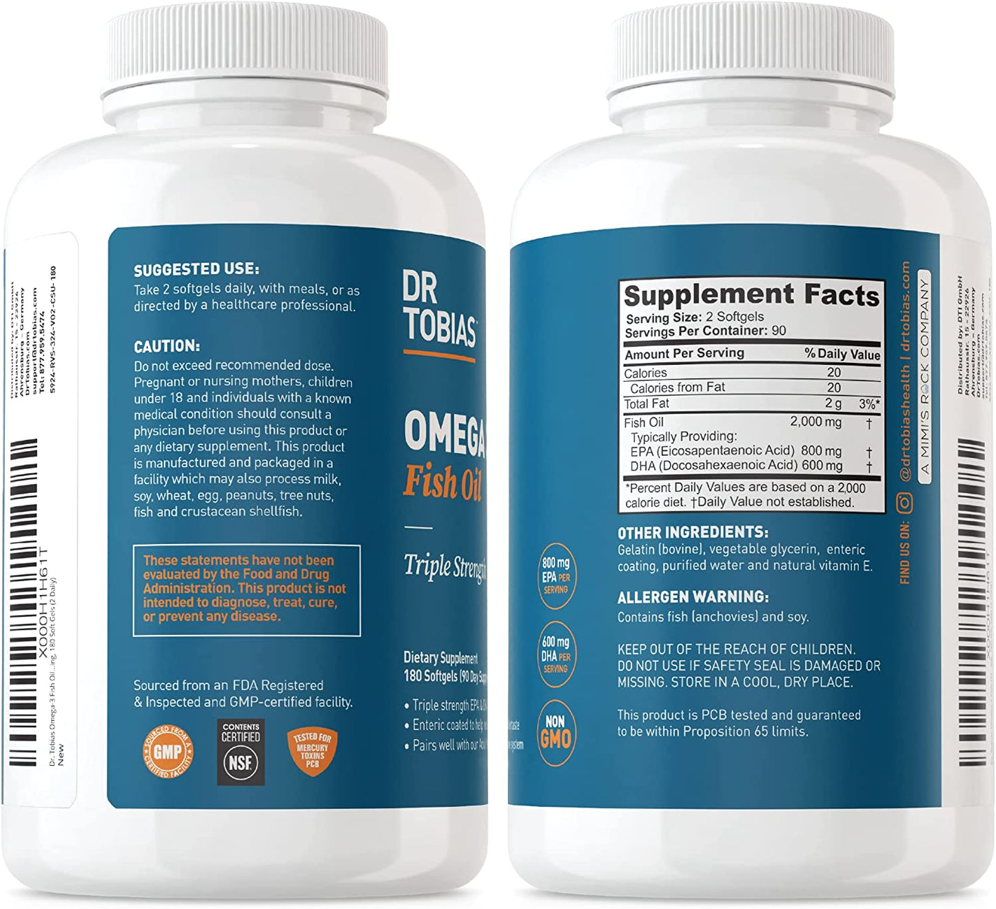 Omega 3 Fish Oil, 2000Mg Triple Strength Omega 3 Supplement with 800Mg EPA 600Mg DHA per Serving, Fish Oil Omega 3 Supplements for Heart, Brain & Immune Support, 180 Softgels, 90 Servings