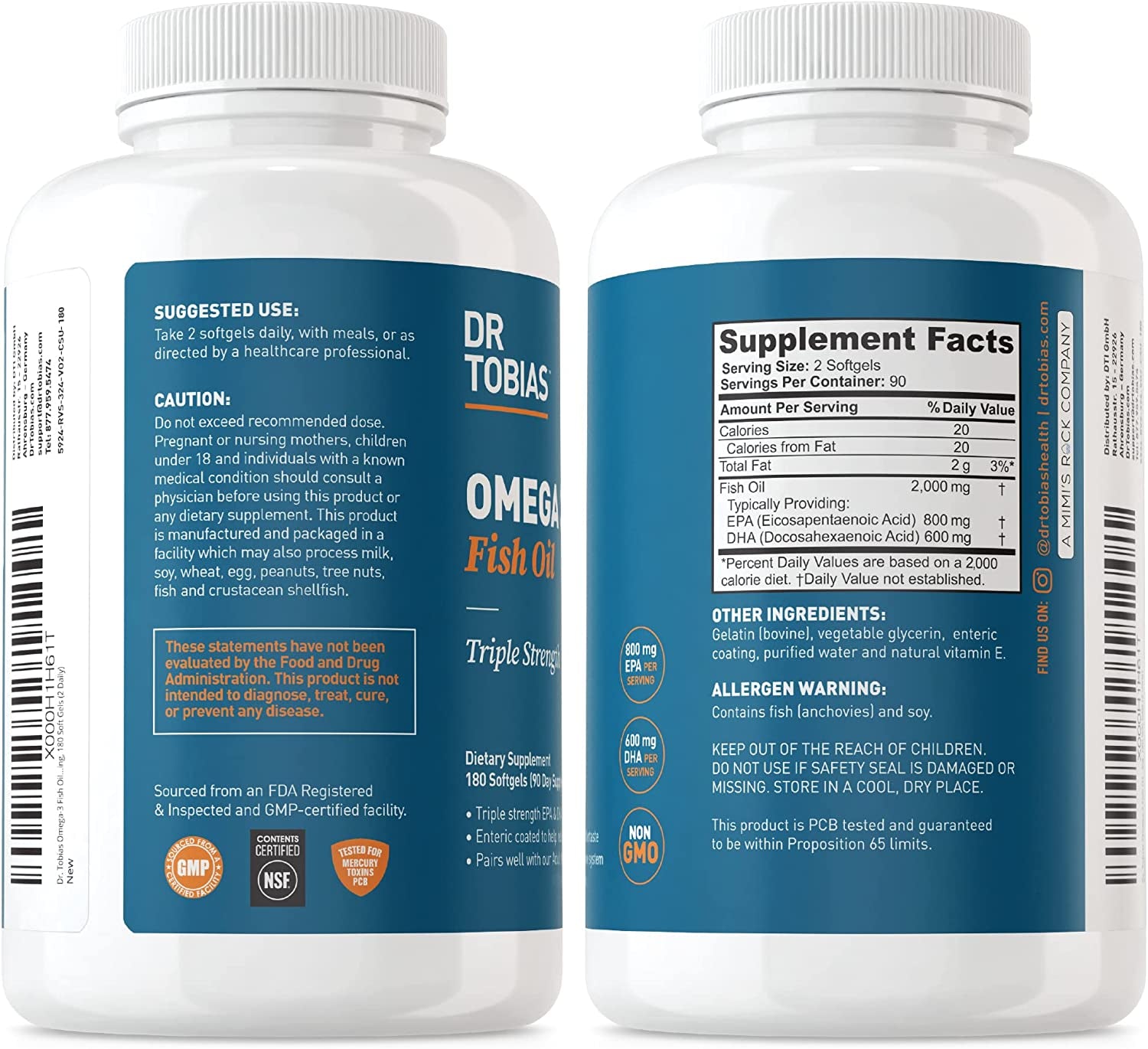 Omega 3 Fish Oil, 2000Mg Triple Strength Omega 3 Supplement with 800Mg EPA 600Mg DHA per Serving, Fish Oil Omega 3 Supplements for Heart, Brain & Immune Support, 180 Softgels, 90 Servings