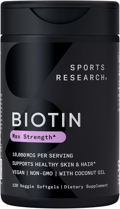 Vegan Biotin 10,000Mcg with Coconut Oil - Max Strength Biotin Vitamin B7 for Skin and Keratin Support - Non-Gmo & Gluten Free, 120 Softgels (4 Month Supply)