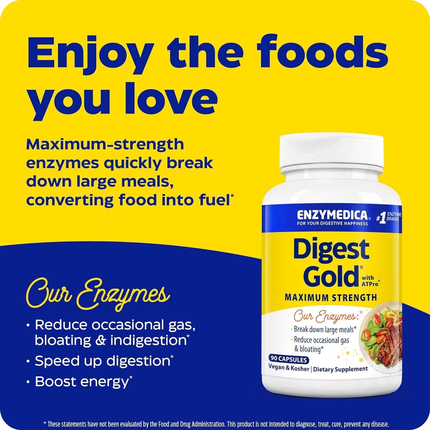 Digest Gold + Atpro, Maximum Strength Digestive Enzymes, Helps Digest Large Meals for Instant Bloating Relief, 90 Count