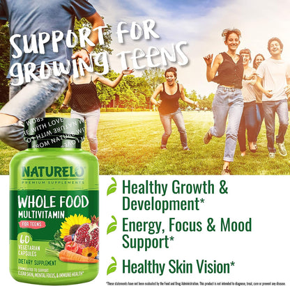 Whole Food Multivitamin for Teens - Vitamins and Minerals for Teenage Boys and Girls - Supplement for Active Kids - with Organic Whole Foods - Non-Gmo - Vegan & Vegetarian - 60 Capsules