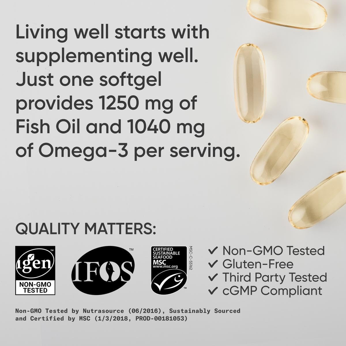 Triple Strength Omega 3 Fish Oil - Burpless Fish Oil Supplement W/Epa & DHA Fatty Acids from Single-Source Wild Alaska Pollock - 1250 Mg, 90 Ct