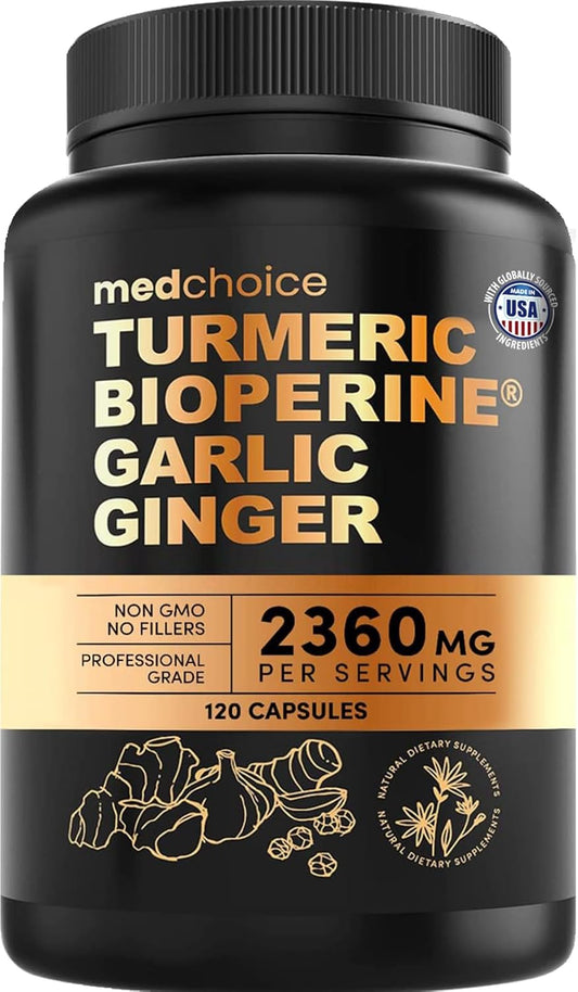 4-In-1 Turmeric and Garlic Supplements with Bioperine 2360 Mg (120 Ct) Turmeric Ginger Root Capsules with Garlic - Turmeric Curcumin with Black Pepper for Joint, Digestion & Immune Support (Pack of 1)