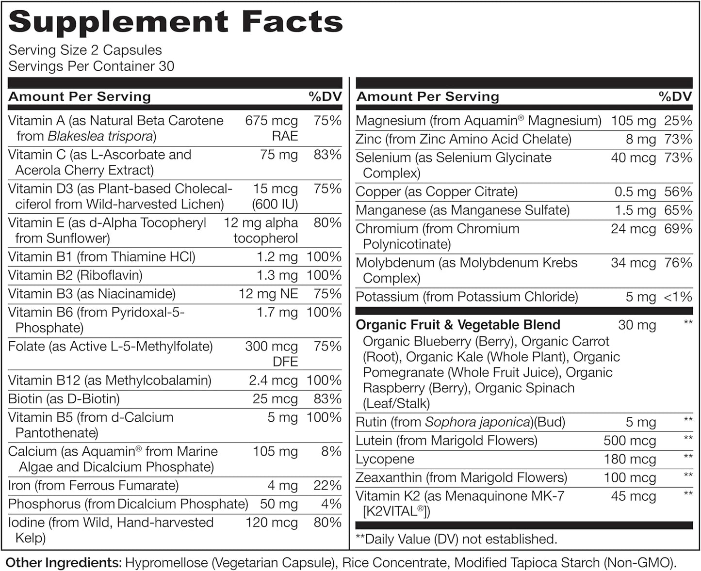 Whole Food Multivitamin for Teens - Vitamins and Minerals for Teenage Boys and Girls - Supplement for Active Kids - with Organic Whole Foods - Non-Gmo - Vegan & Vegetarian - 60 Capsules